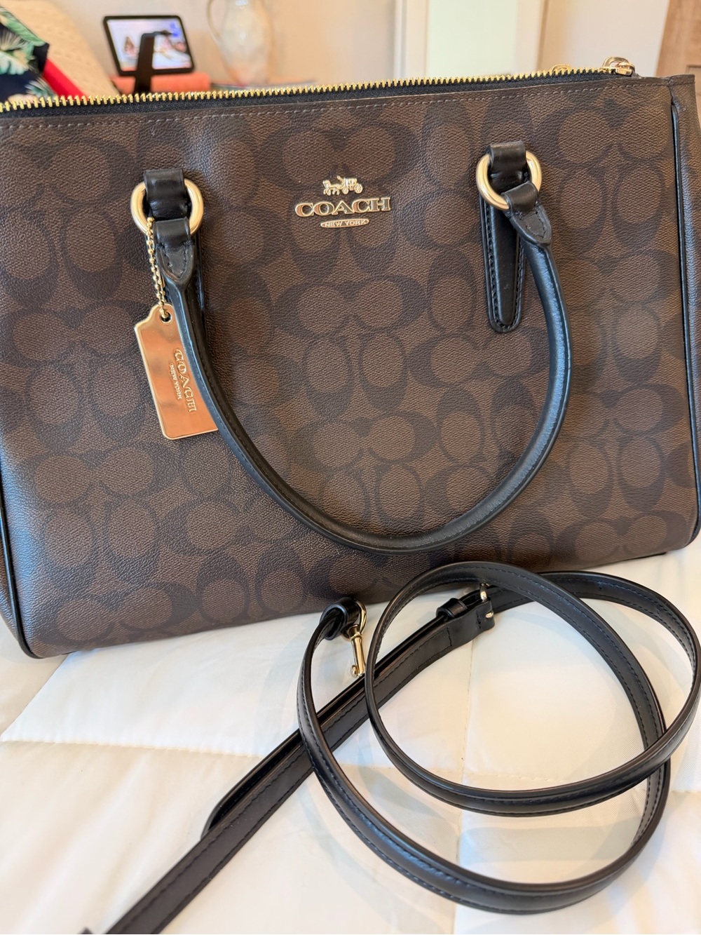 Coach Brown Signature Canvas Shoulder Tote with Black Leather Trim